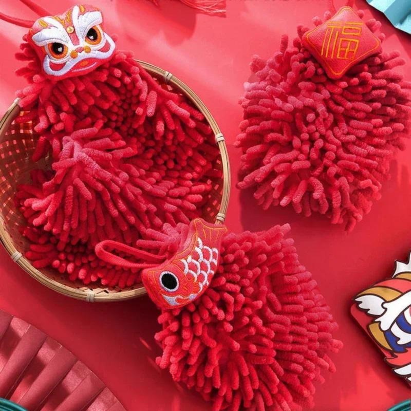 Red Lion Dance Handkerchief – Chinese New Year Cartoon Kitchen Towel, Cute Holiday Gift Decor