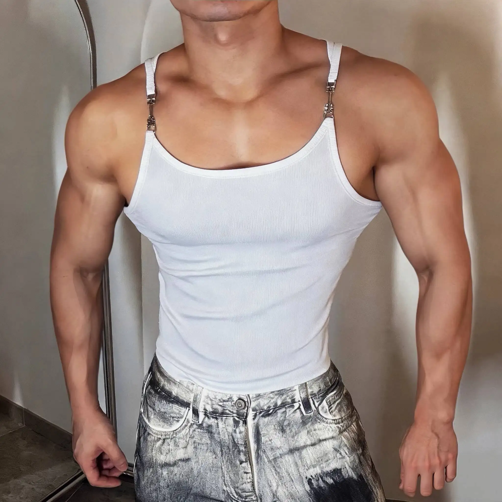 

Glossy knitted sexy fitness party club tank top Vintage chain plus size sports t shirt vest