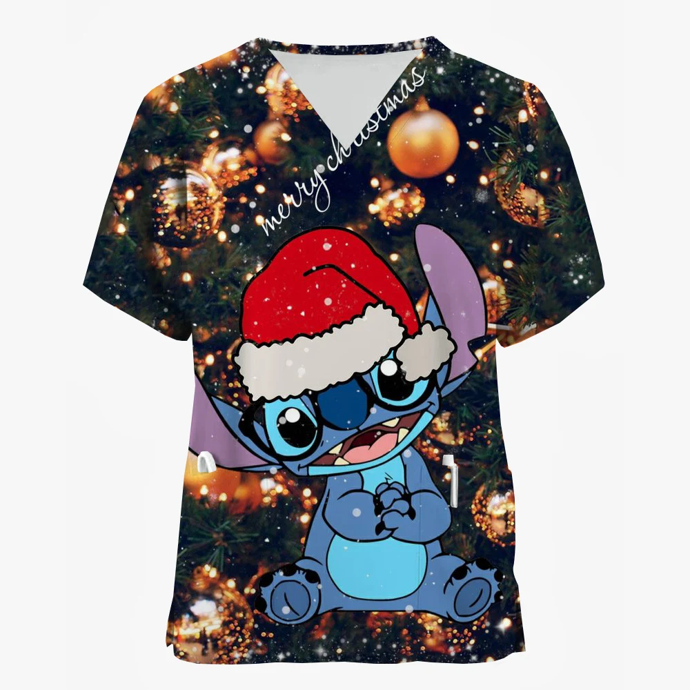 

Cartoon Disney Stitch Print Nursing Scrubs Women Tops Short Sleeve V-neck Merry Christmas Working Uniform Blouse Costume Shirts