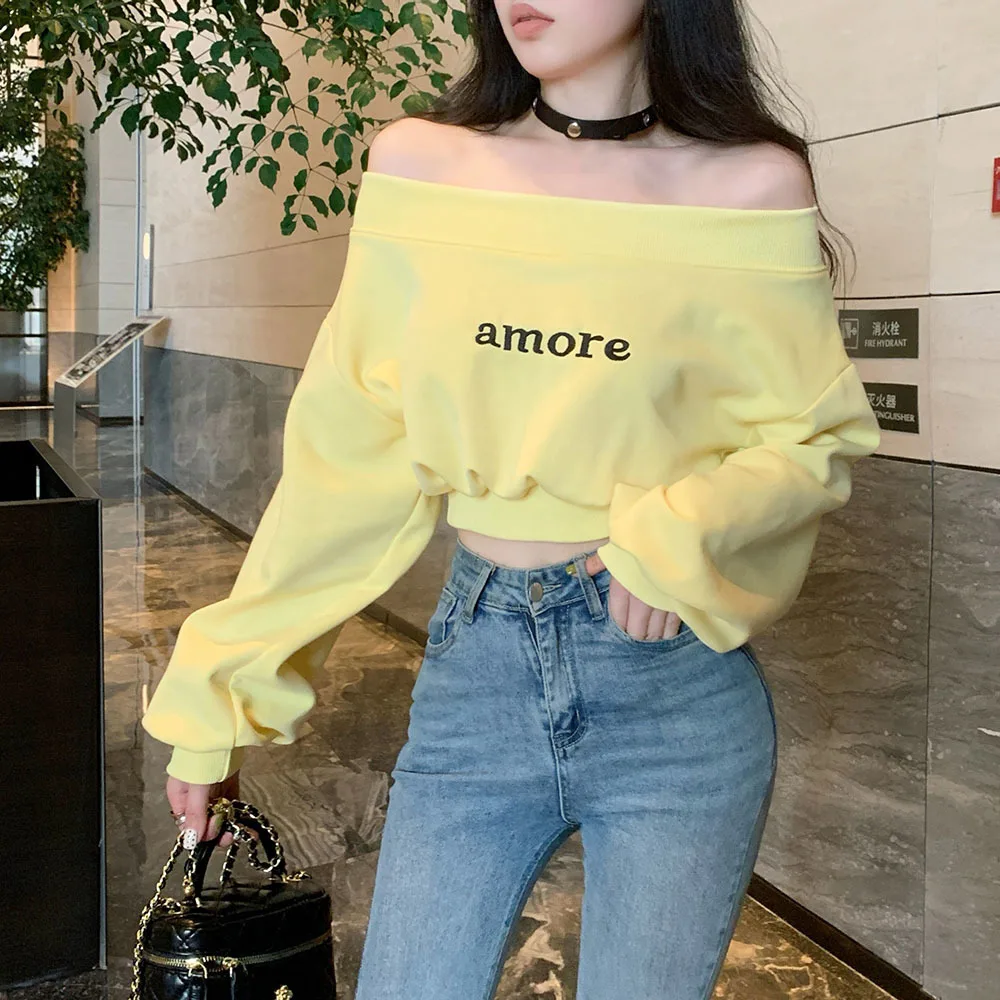 Sexy Off Shoulder Sweatshirt For Girls Spring Summer Solid Elastic Crop Tops Women\'s Korean Slim Gyaru Female Short Pullovers