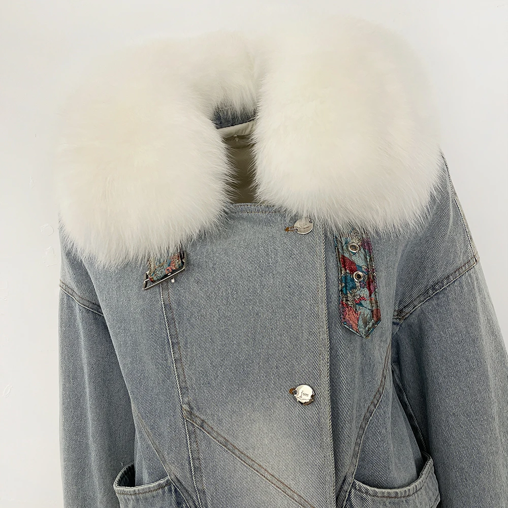 MENINA nuovi vestiti autunno inverno femminile vera pelliccia di volpe piumino d'oca coperchio interno giacca di jeans donna spessa pelliccia calda piumino signora