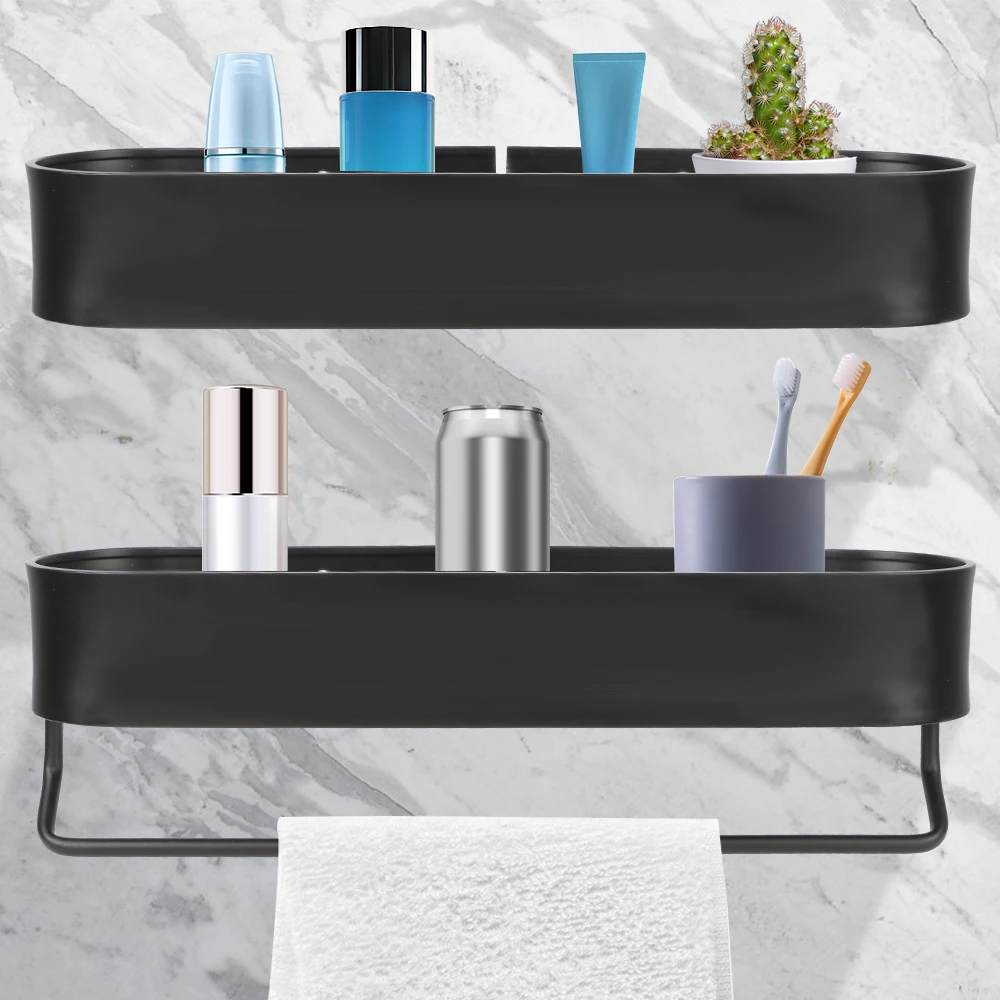 

No-Drill Wall Mounted Shelves Bathroom Shelf Rack Black Kitchen Organizer Shower Storage Basket Bath Towel Holder
