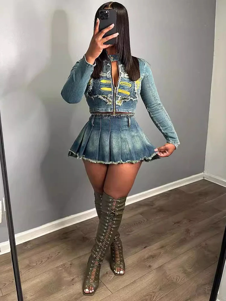 Imagem -04 - Roupas Jeans de Manga Longa Feminina Jaqueta com Zíper Roupa Sexy Quente com Saia Terno Estilo Doce Feminino Peças