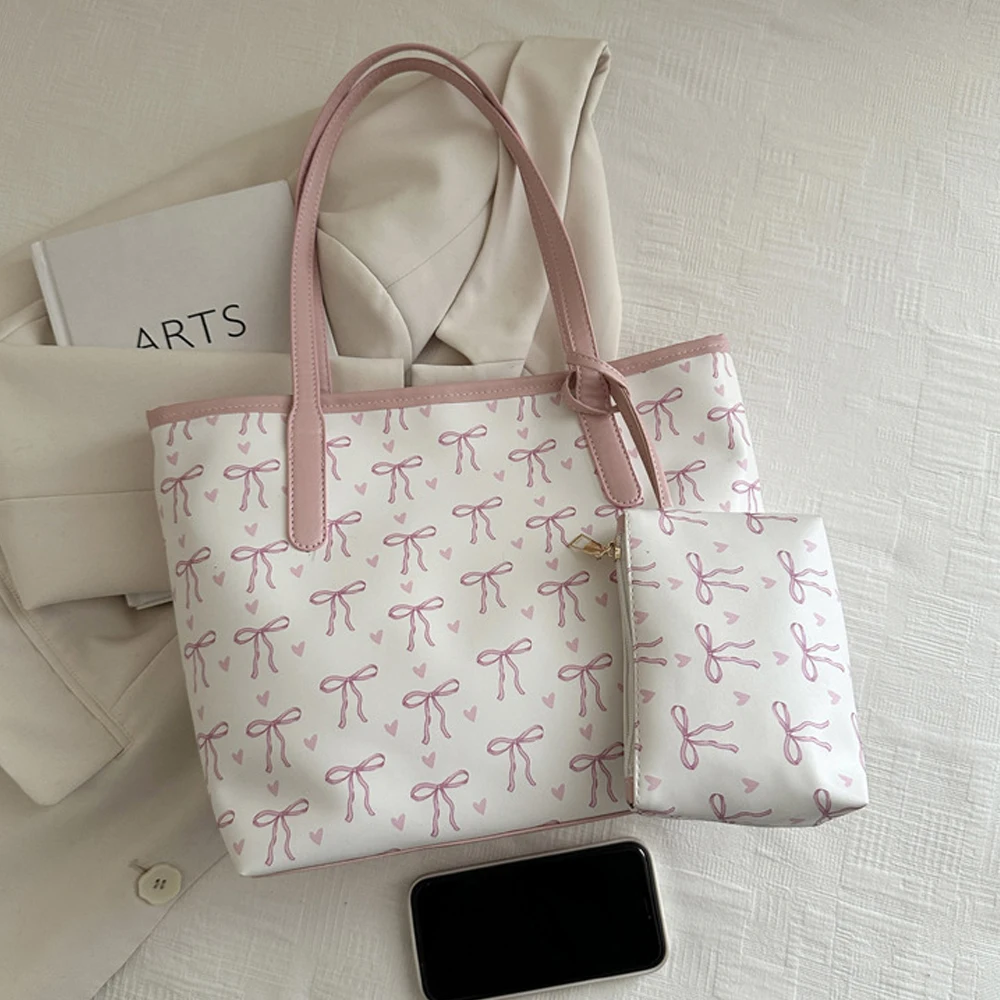 Cute Pink Bow Casual Large-Capacity Women's Shoulder Underarm Bag with High Aesthetic Value and Stylish Handbag