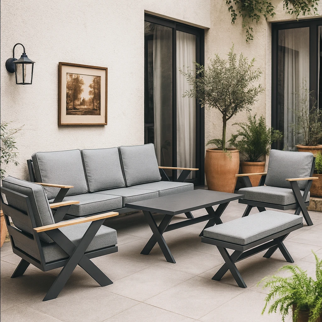 Modern All-Aluminum X-Frame Design Modular Sofa Set Dining Table Weather Resistant Outdoor Furniture For Patio Garden Park Use