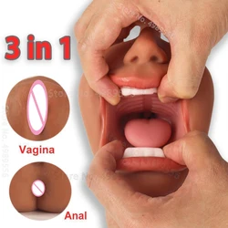 3 IN 1 giocattoli del sesso masturbazione per gli uomini gola profonda artificiale figa reale masturbatore maschile orale pompino Vagina di gomma realistica