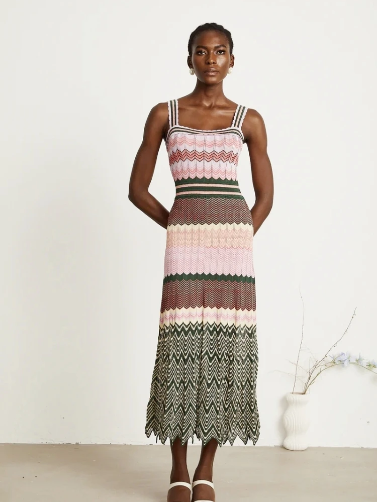Luxury Brand Design Knitted Zigzag High Elasticity Color Sleeveless Long Maxi Dress Women Arab Africa Popular Boho Lady Skirt