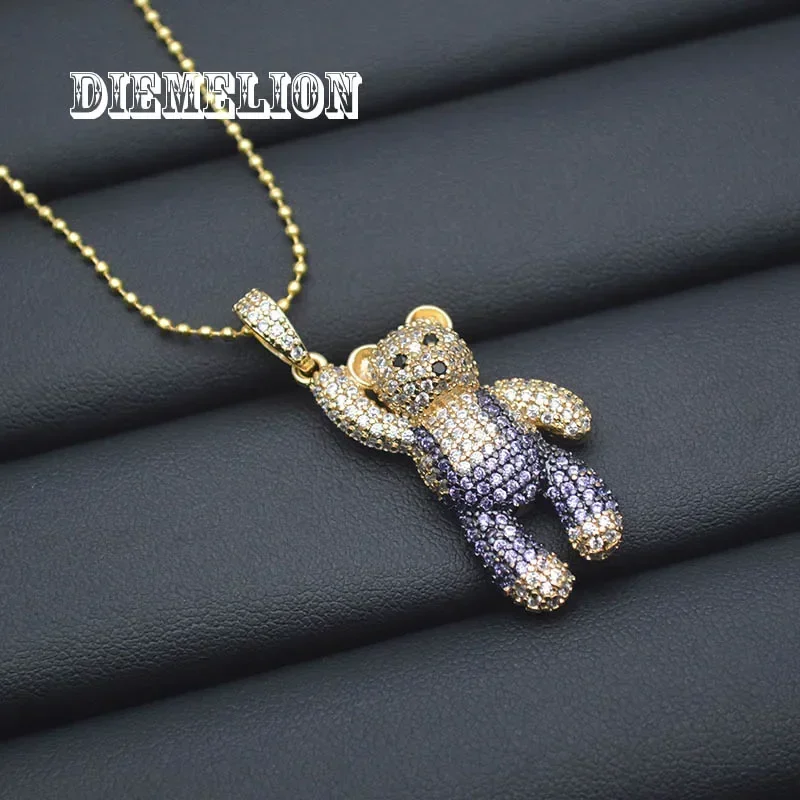 Luxury 18k Gold Plated Full Pave Colorful Zircon Bear Pendant Necklace Cute Bear Animal Necklace for Women Fine Jewelry