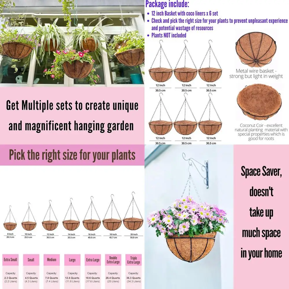 

Подвесные кашпо LaLaGreen с вкладышами (6 шт., 30 см), подвесные корзины или горшки для растений на открытом воздухе, подвесные кашпо из металлической проволоки с низкой подставкой