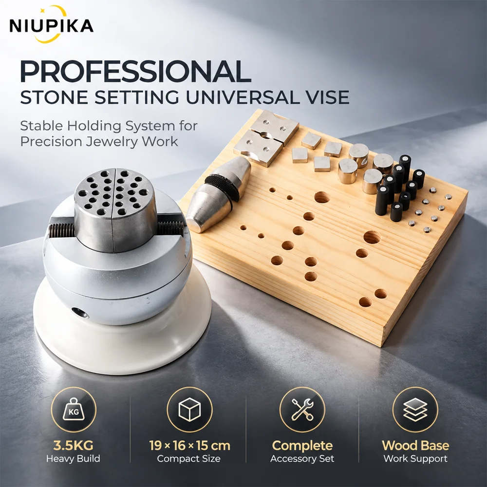 Ring Clamp Wood Jewelry Setting Tool - เครื่องมือจับยึดอัญมณีแบบสากล NIUPIKA พร้อมฐานไม้ สำหรับงานฝังอัญมณีและจับแหวน