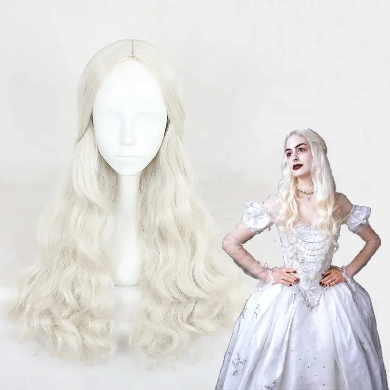 

60cm Long Wave Milk White Alice in Wonderland 2 White Queen Wig Synthetic Halloween Party White Queen Cosplay Wig