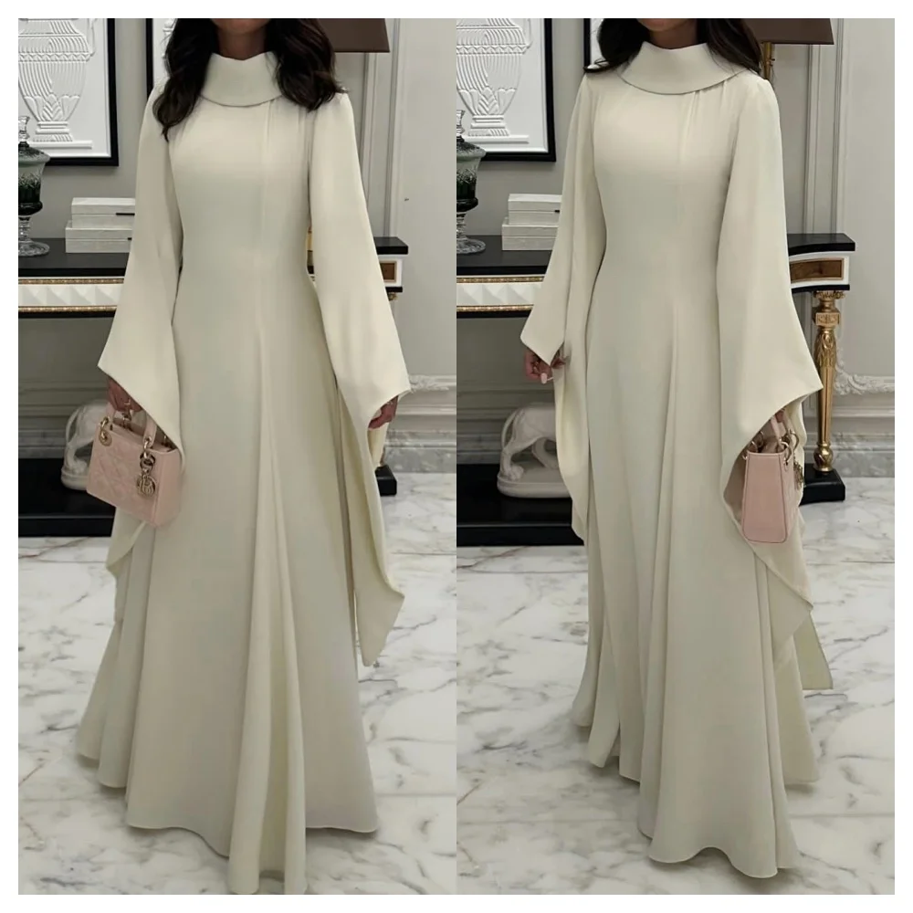 

Customized Simple White Jersey Evening Dress Elegant Crew Neck Long Sleeves Party Dress Fashion Floor Length Celebrity Gowns