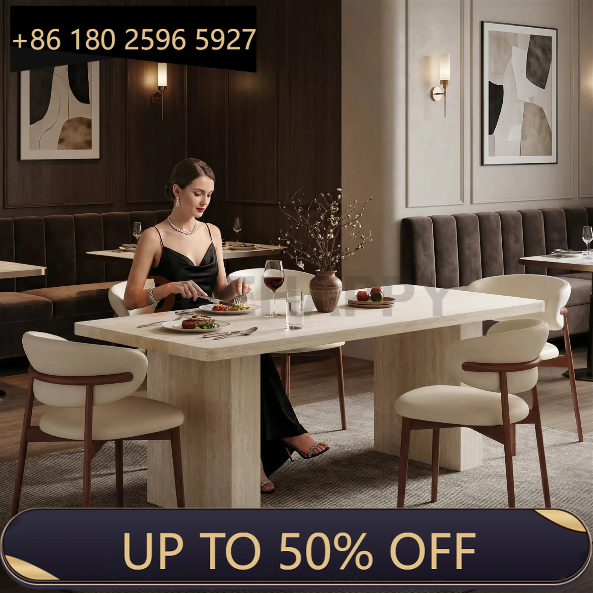 

Роскошный обеденный стол из травертата, кремово-белый, элегантный, устойчивый к пятнам, термостойкий, настраиваемый, прочный, простой в использовании