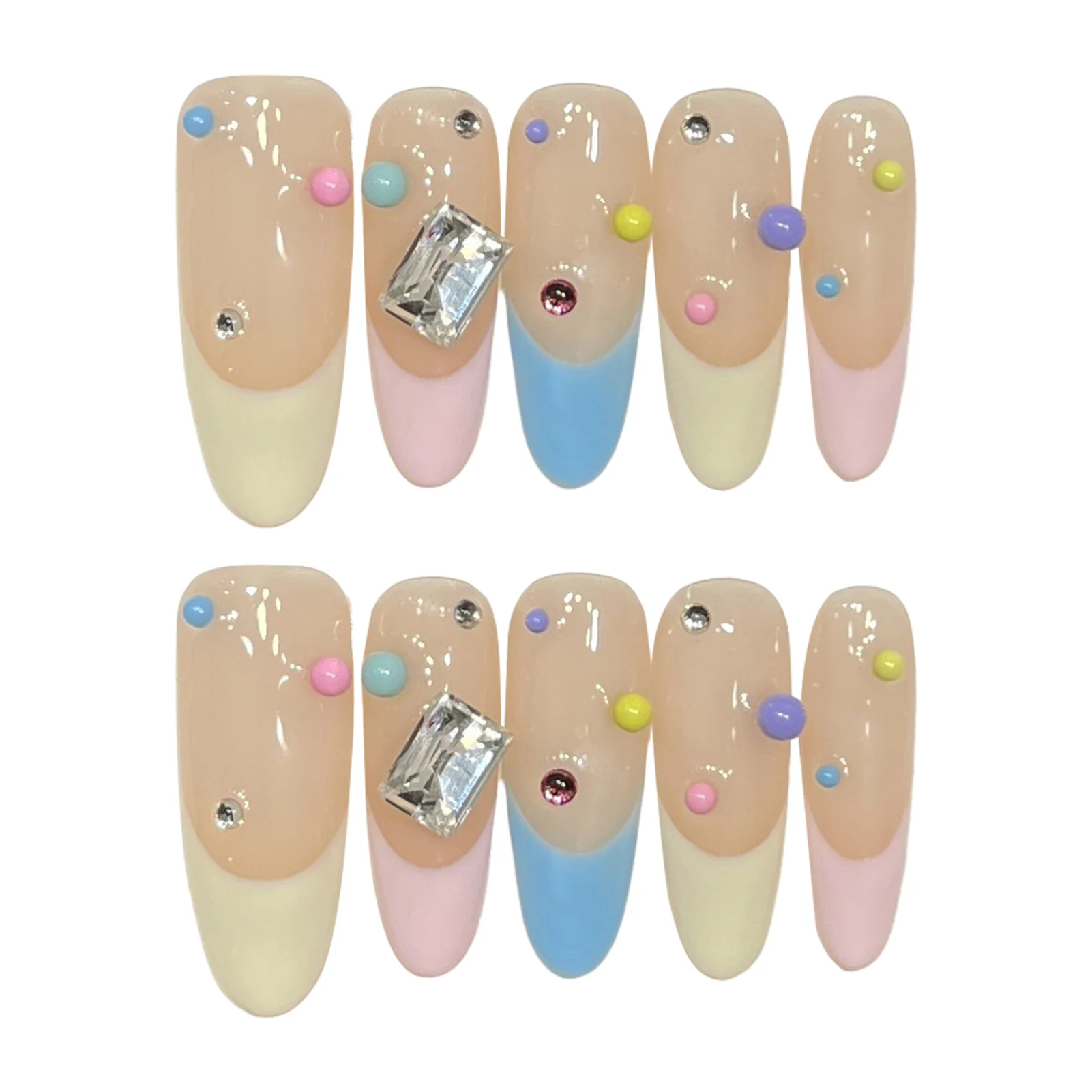 10 szt. Długie migdałowe sztuczne paznokcie francuskie z tęczowym brokatem, błyszczące cukierkowe kolory, francuskie tipsy dla kobiet, manicure artystyczny.