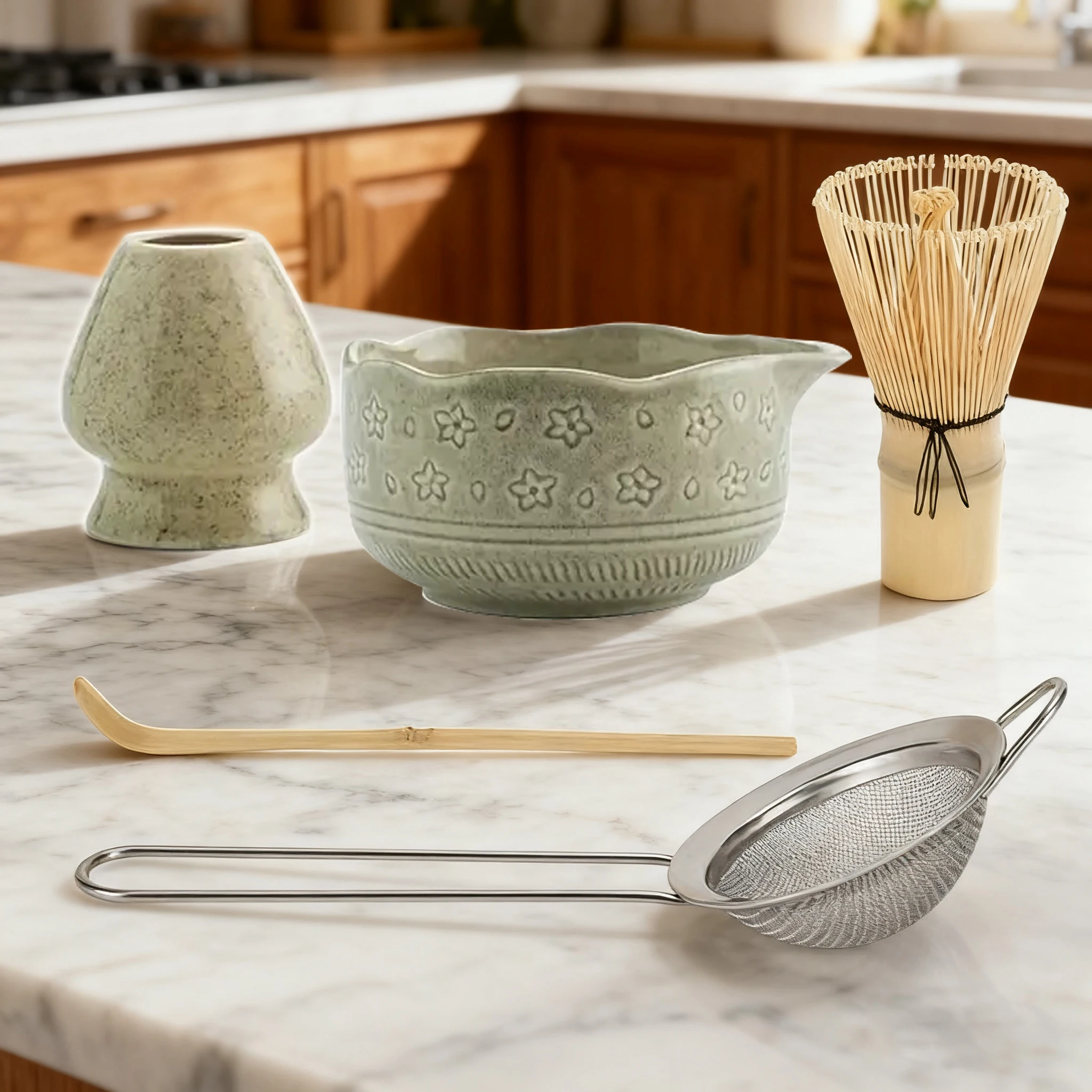 

5pcs matcha set. The matcha tool set includes a matcha bowl, an egg beater and egg rack, a bamboo spoon, a sieve and a gift