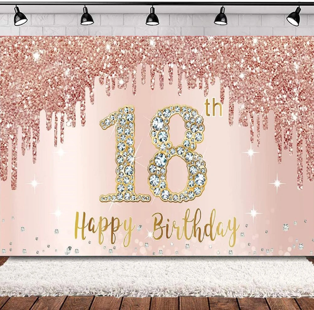 

Photography Backdrop For Girls Rose Gold Sign Supplies Pink Happy 18 Year Old 18th Birthday Party Poster Background Banner Decor