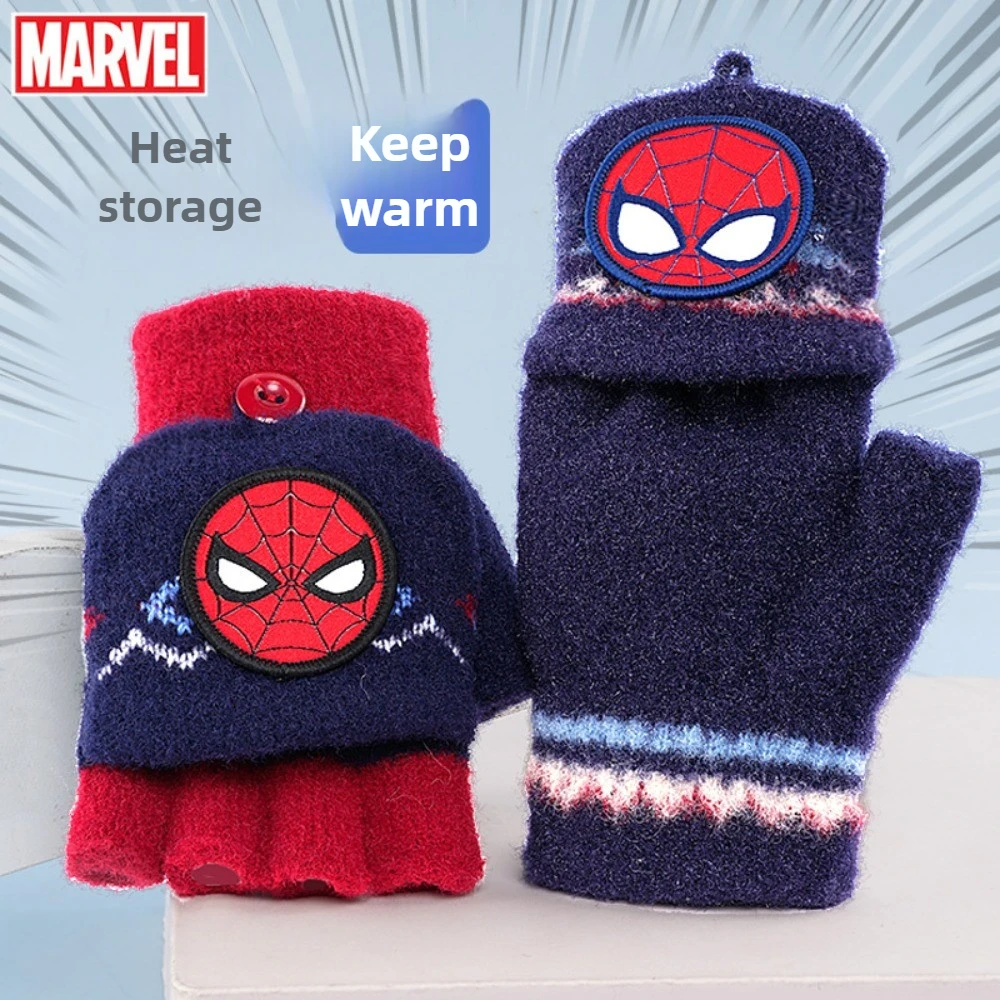 

Marvel Spider-Man Kids Winter Flip Top Gloves Boys Half Finger Warm Knitted Mitten Superhero Cute Cartoon Writing Outdoor Gloves