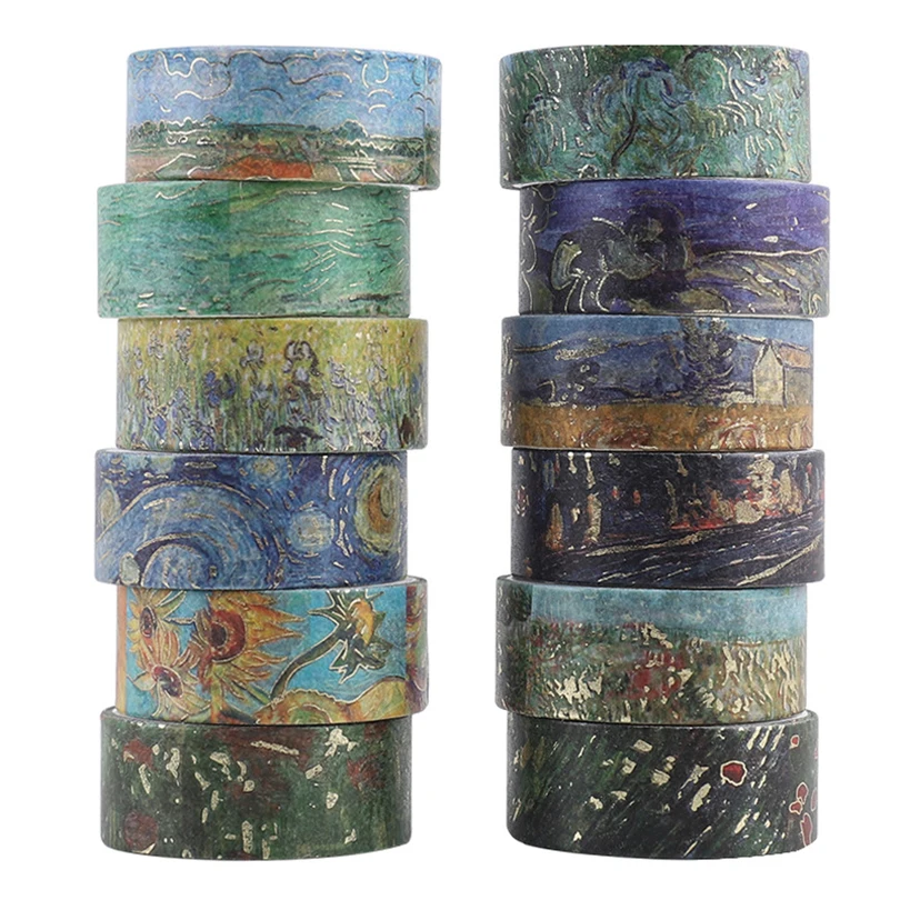 12Pcs Gold Foil Washi Tape Set Journal Supplies Masking Tape Oil Painting Decorative Adhesive Tape Diary Scrapbooking Washitape