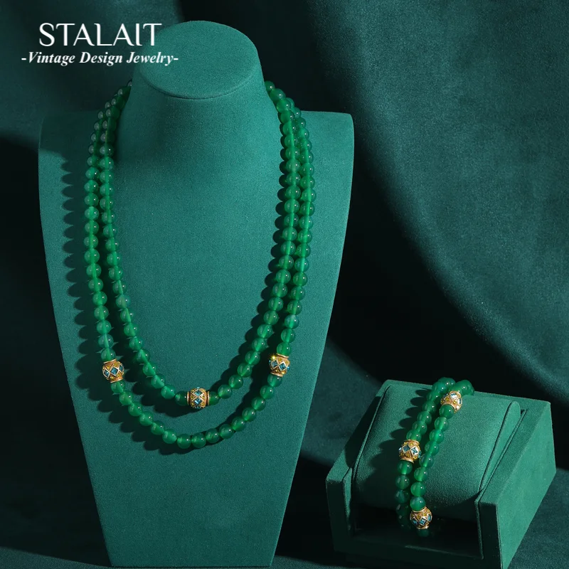 

Retro Double Layered Emerald Agate Green Stone Colored Rhinestones Beaded Jewelry Set for Women Designer Antique Vintage New