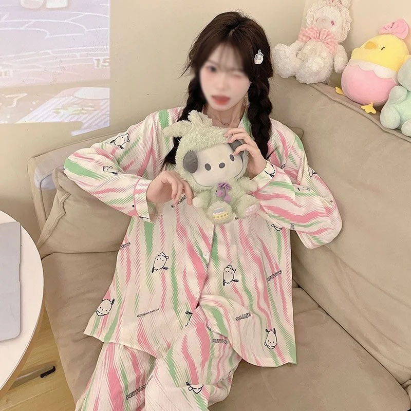 Sanrio Pochacco Y2K Pajama 2 Pieces Kawaii Pyjama Spring Nightgown Long Sleeve Pants Sleepwear Cotton Pijama Home Suit New Style