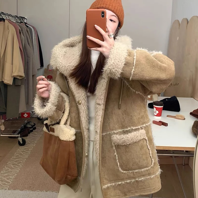 Hooded Lamb Wool Coat Women's Milk Tea Camel Thickened Warm Fashion Loose Casual Simple Retro All-Match Autumn and Winter Fur