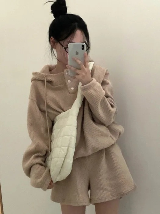 

Lazy Soft Simple Hooded Sweater High Waist Slimming Skirt Two Piece Set Women's Autumn Winter Faion Ensemble