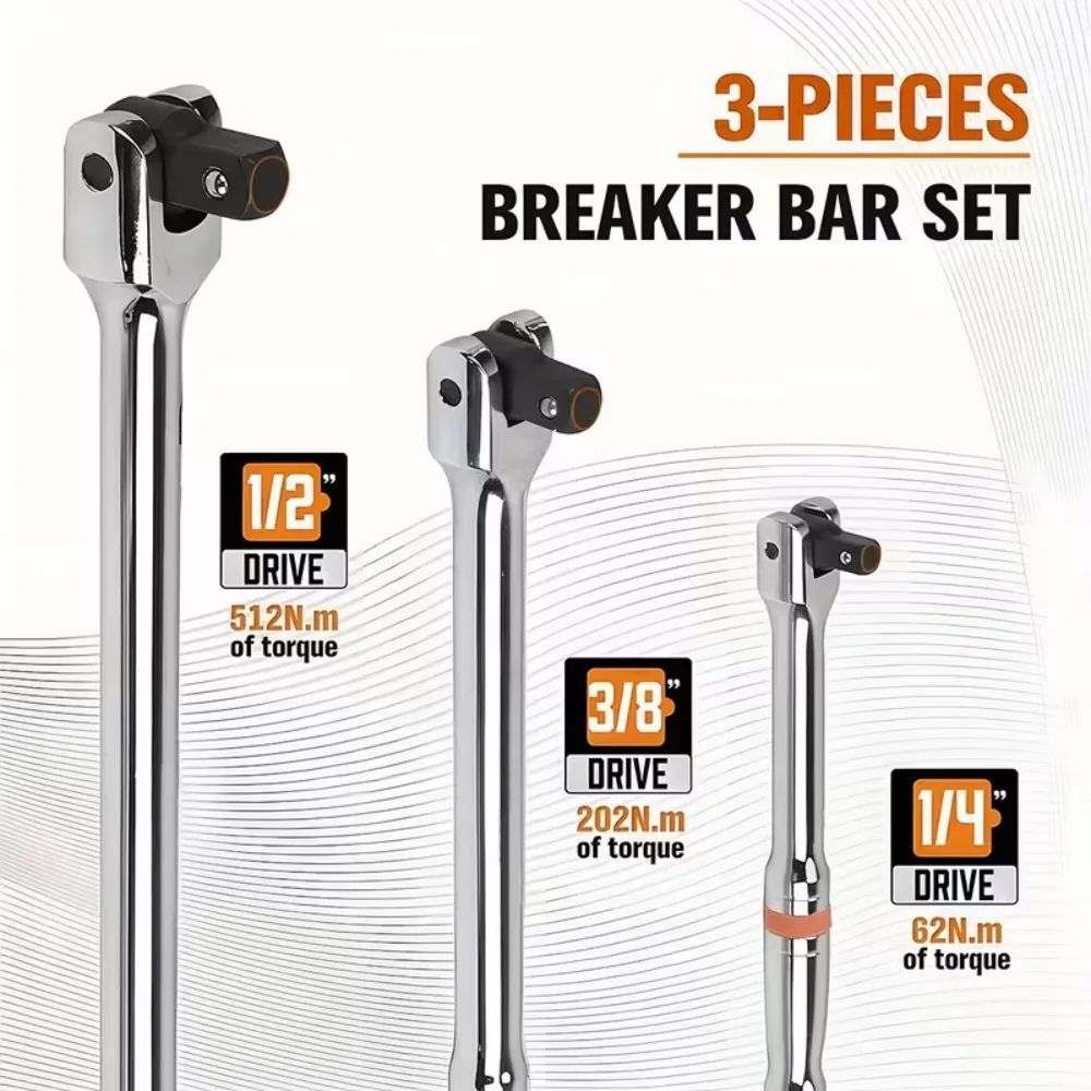 3-Piece F-Bar Torque Wrench Set 1/4 3/8 1/2 Long Strong Force Steering Handle Workshop Tool