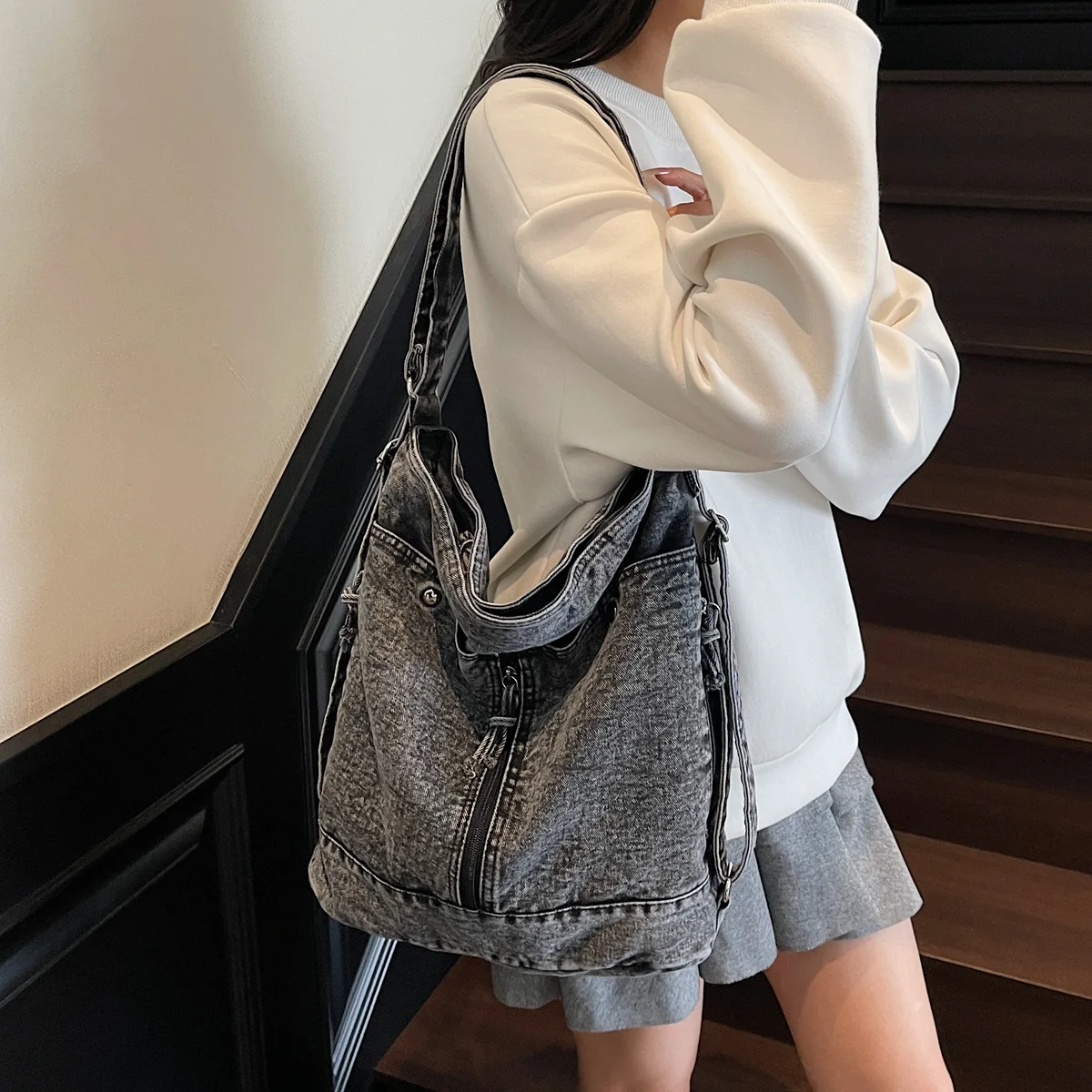 

Женская сумка-трансформер из выстиранного денима: рюкзак, тоут, большая сумка-хобо через плечо с множеством карманов, винтажная повседневная сумка