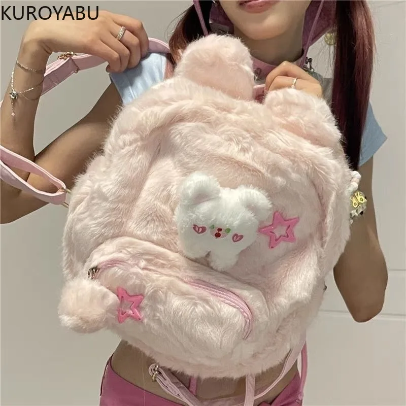 

Harajuku Y2k Backpacks for Women Gothic Lolita Punk Pink Furry Y2k Backpack Autumn Winter Plush School Bag Tote Mochila Mujer