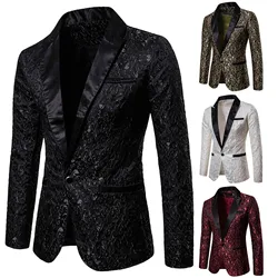 Fashion Men Business Social Jacquard Suit Jacket Single Breasted Top Black / White / Gold Men's Wedding Party Dress Blazers Coat