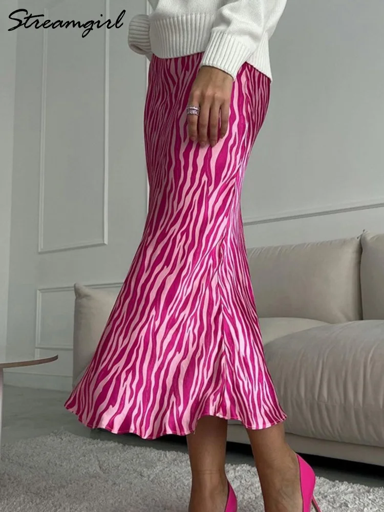 Streamgirl-Saia Feminina Maxi Linha A Elegante, Saias Rosa Compridas, Cauda de Peixe, Estampa de Leopardo, Escritório, Verão, 2023