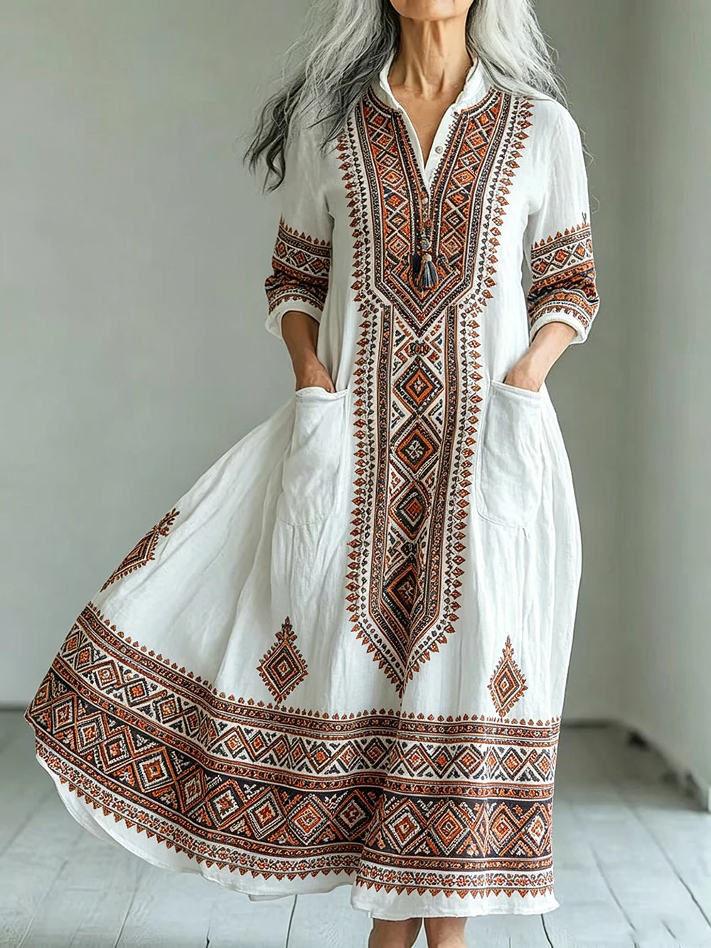

Women's Aztec Rhombus Ethnic Printed Maxi Dress Chic Crew Neck Long Sleeve Bohemian A-Line Dress With Pockets For Female Dresses