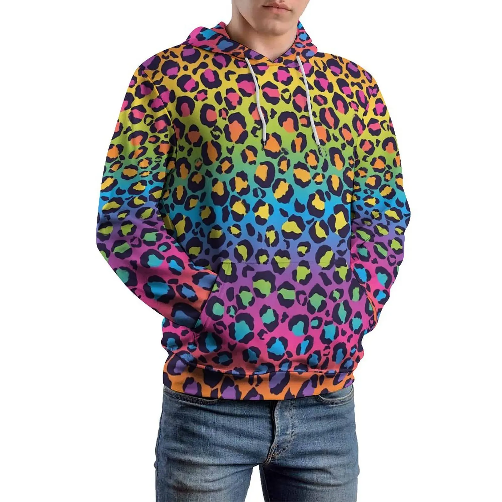 

Rainbow Ombre Casual Hoodies Leopard Print Loose Pullover Hoodie Couple Long Sleeve Trendy Custom Clothes Big Size 4XL 5XL