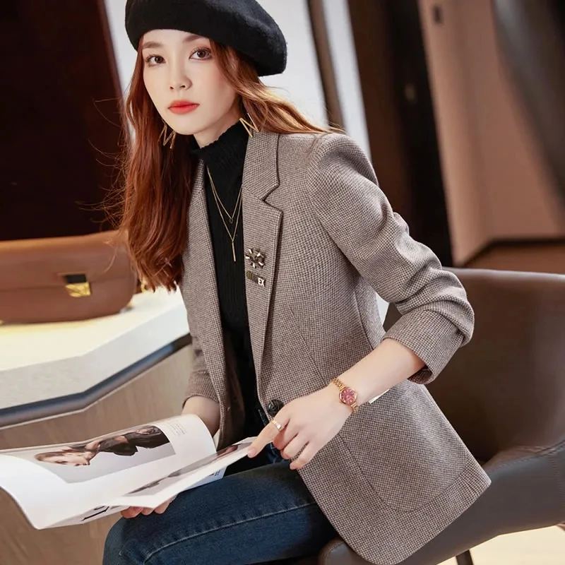 Woolen Blazer Jacket NEW Spring Autumn Women Elegant High End Slim Suit Overcoat Fashion Notched Collar Single Button Tops 4XL