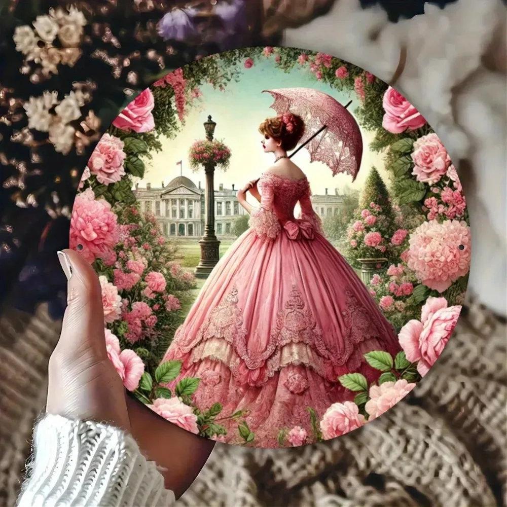 Vintage Tin Plate Painting，Vintage Garden Lady Round Metal Sign, 2D High-Definition Print, Home, Door Mounted, No Power Require