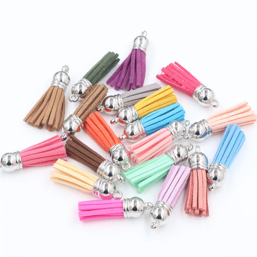 10pcs 38mm 55mm length Suede Tassel For Keychain Cellphone Straps Jewelry Charms, Leather Tassels With Silver Plated Gold Caps