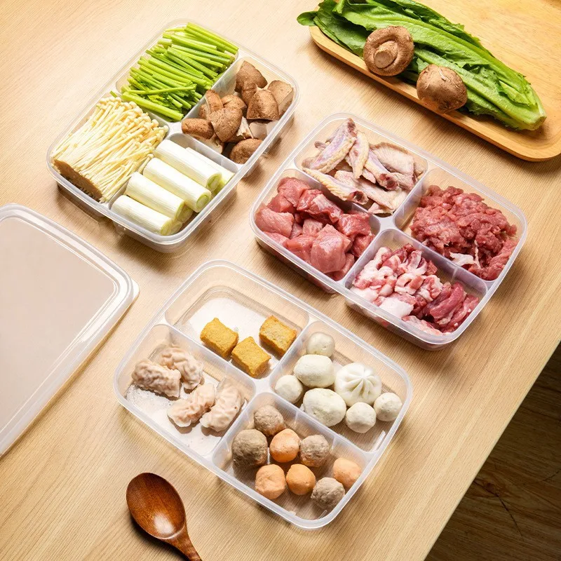 

Refrigerator Storage Box with Four Compartment, Food Sub-Packed, Onion, Ginger, Vegetables, Side Dishes, Frozen Meat Crisper