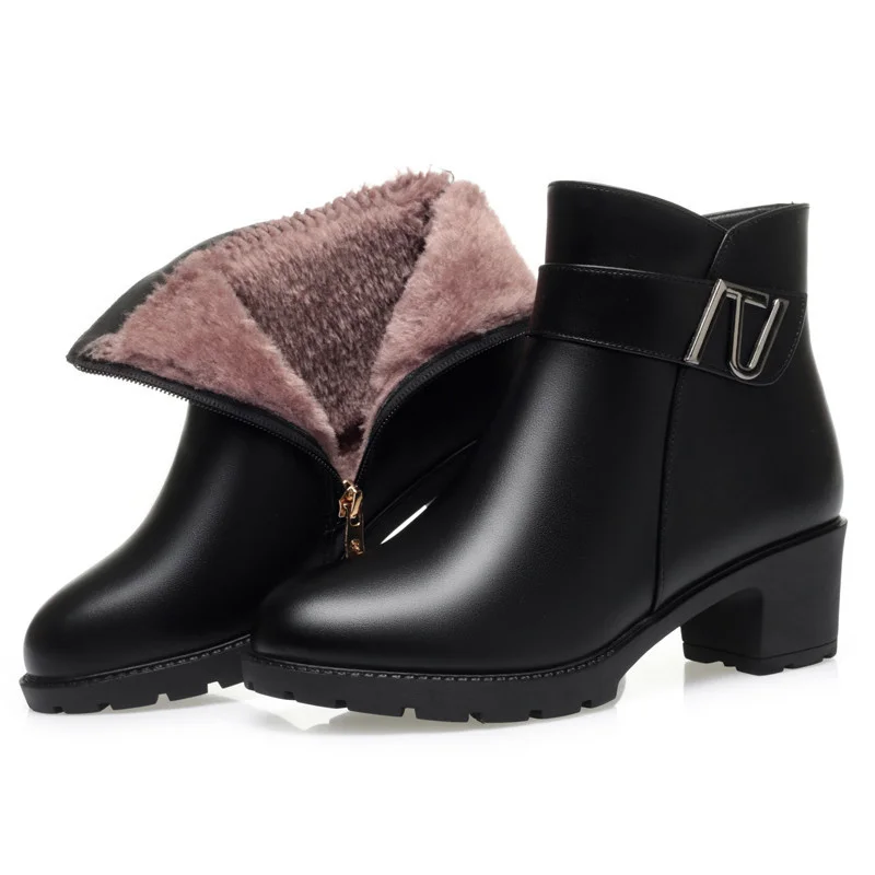 Comfort Soft Leather Women Round Toe Zipper Anti-slip Middle Heel Short Boots Winter Warm Thick Wool Thick Sole Snow Boots