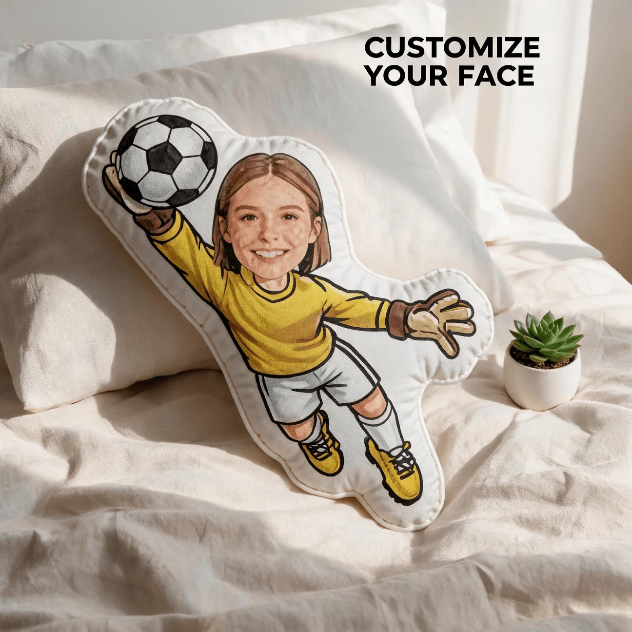 Custom Photo Soccer Goalkeeper Shaped Pillow, Personalized Face Yellow Jersey Decorative Cushion, 70CM Home Decor Accent for Sof