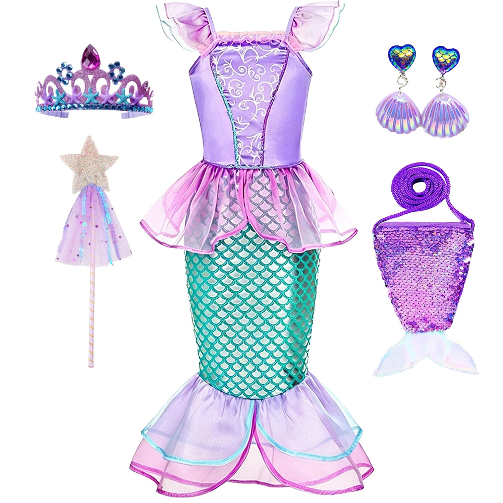 Meerjungfrauen-Sommerkleid Prinzessinnen-Kostüm mit Krone, Halskette und Zubehör-Set für Mädchen, Kinder, Karneval, Geburtstagsfeier, Abschlussball, Bühne – Detail 8