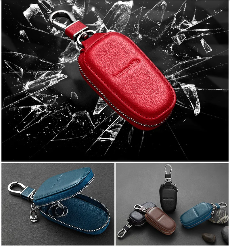 Leather Car Key Case Cover Zipper Bag Protector With Car Logo For BYD Hummer DS Genesis GAC Lynk Co Ferrari RAM Smart LI ZEEKR