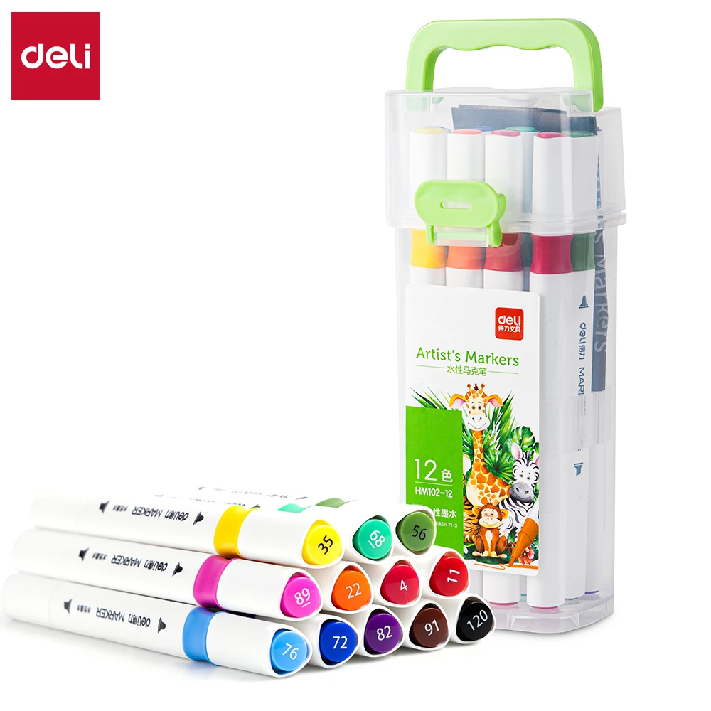 

Deli 12/24/36/48/96-Color Dual Tip Art Markers, Triangle Barrel Water-Based Pens with Portable Case for Drawing & Design