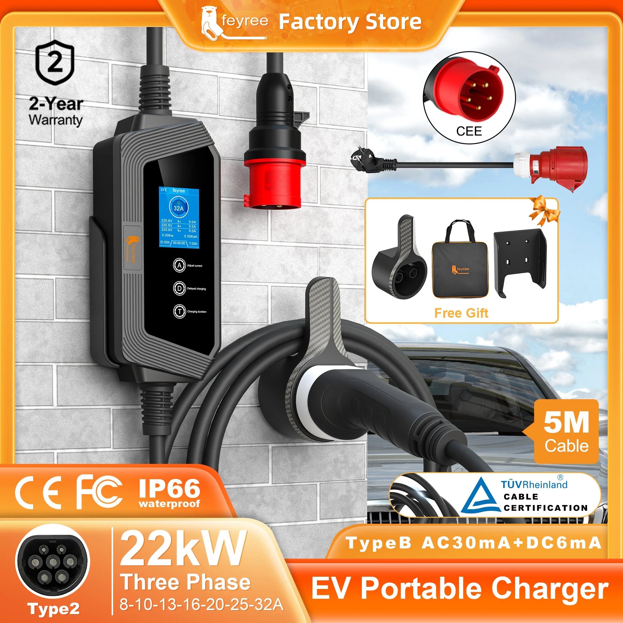 feyree Type2 EV Charger 22KW 32A 3Phase EV Charger EVSE Portable Charging Box 5m Cable with Socket IEC62196-2 for Electric Car