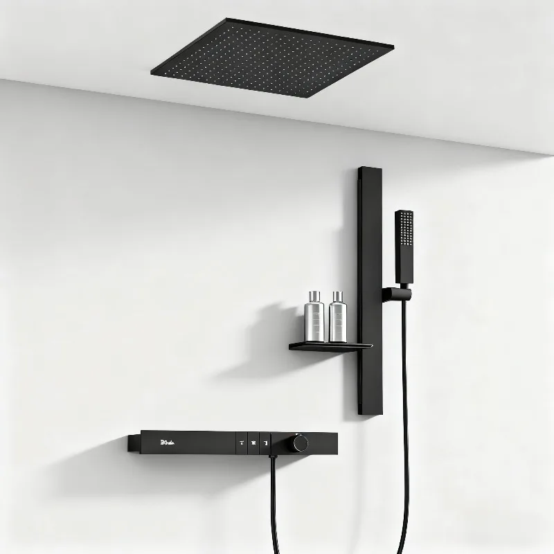 

Luxury Ceiling Thermostatic Shower System Black Brass 3 Function Built In Wall Cold Hot Water Waterfall Outlet Bathroom Faucet