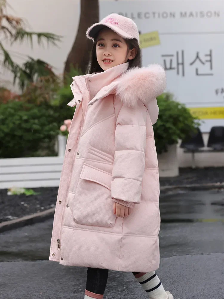 

New Girls Duck Down Jacket Winter Long Solid Coats Children Fur Hooded Windbreaker For Kids 5-12 Years Warm Outwear XMP141