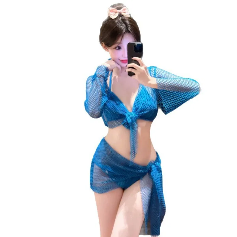 sexy blue plain micro bikinis sets 4pcs hollow out tie swimsuits with long sleeve cover smock and skirt swimwear beach outfits