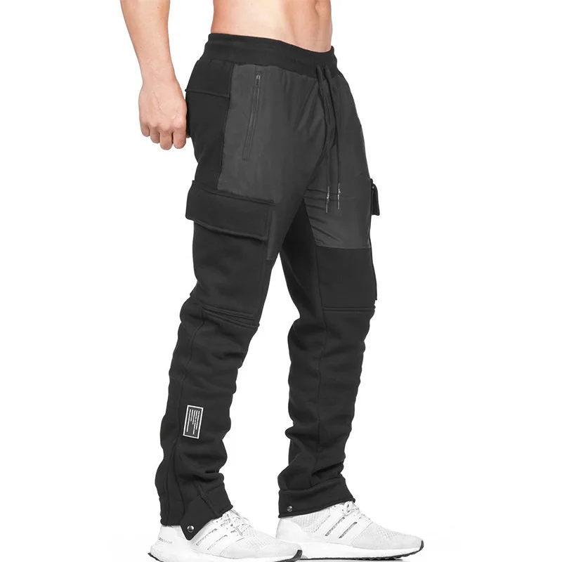 Men Gym Snap Fastener Adjustable Leg Opening Cargo Pants Pockets Casual Trousers Men's Fitness Sweatpants Cotton Sports Pants