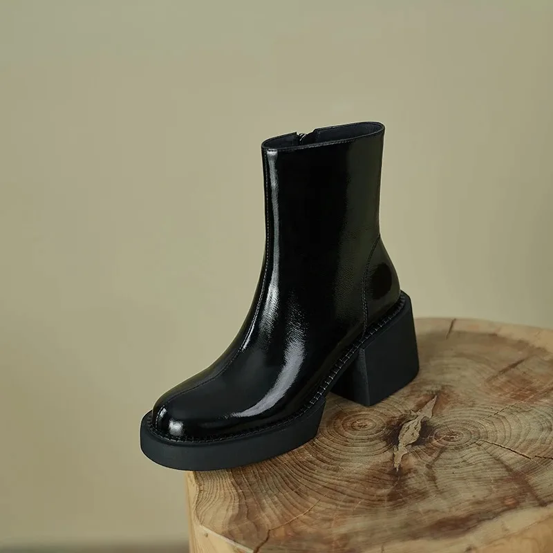 Round Toe Genuine Leather 2026 New Winter Women Boots Platform Chunky Boots Women Solid Black White Women Shoes High Heel Boots