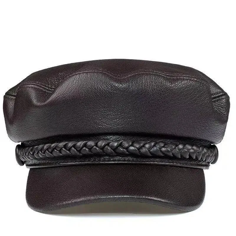 autumn-winter-natural-genuine-leather-cap-women's-hat-sheepskin-warm-military-hats-british-retro-leather-hat-flat-caps-for-men