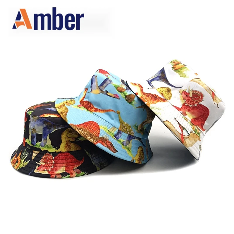 

Amber children bucket hat cartoon dinosaur printing Boys Girls kids fisherman hats double sides Panama cap summer sunshade caps